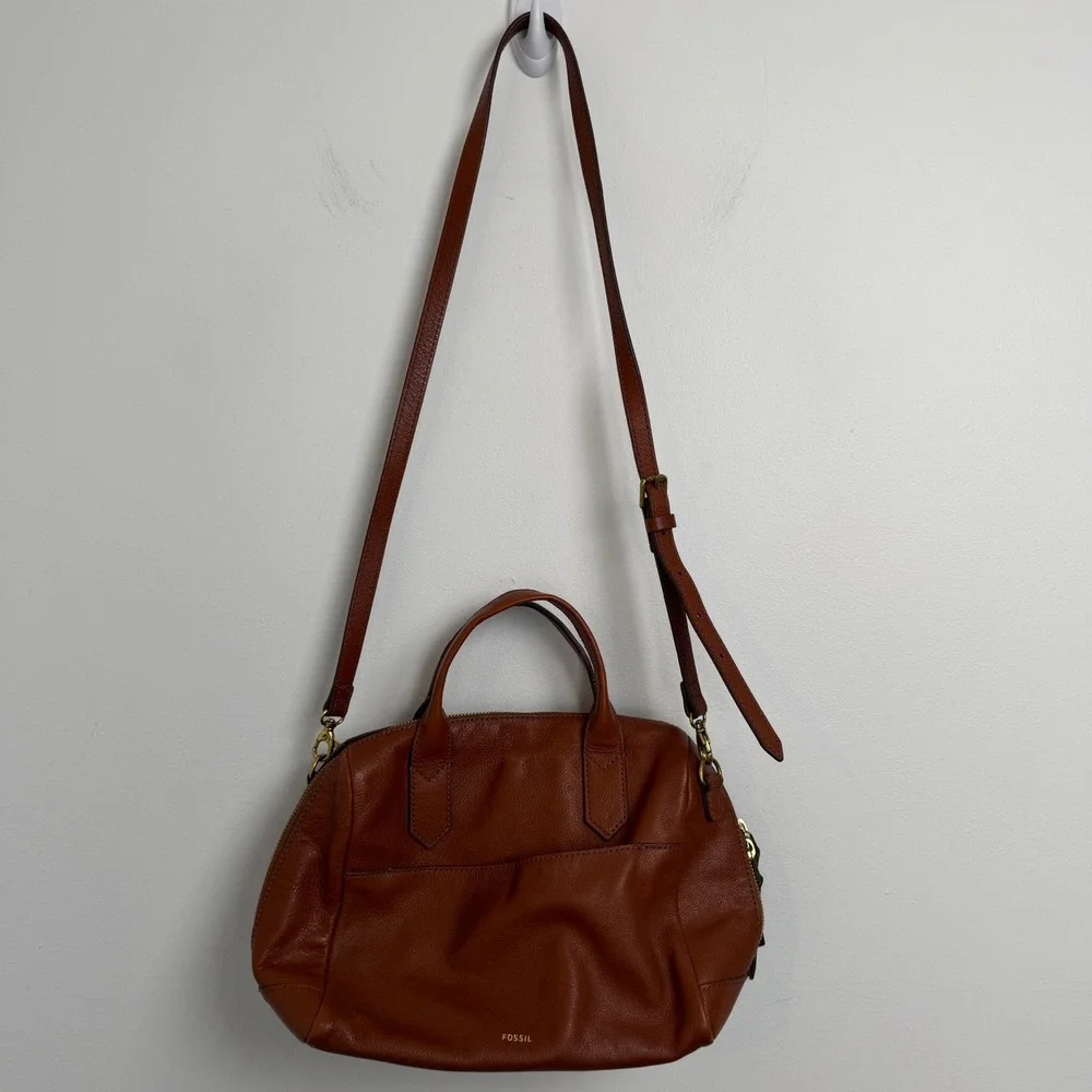 Fossil Cognac Brown Pebbled Leather Satchel Crossbody Bag ZB6750