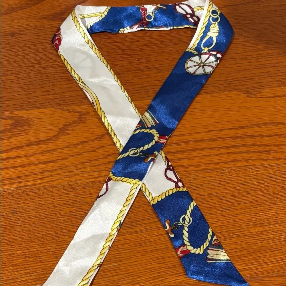 Nautical Print Silk-Like Twilly Scarf - Blue, Red and White