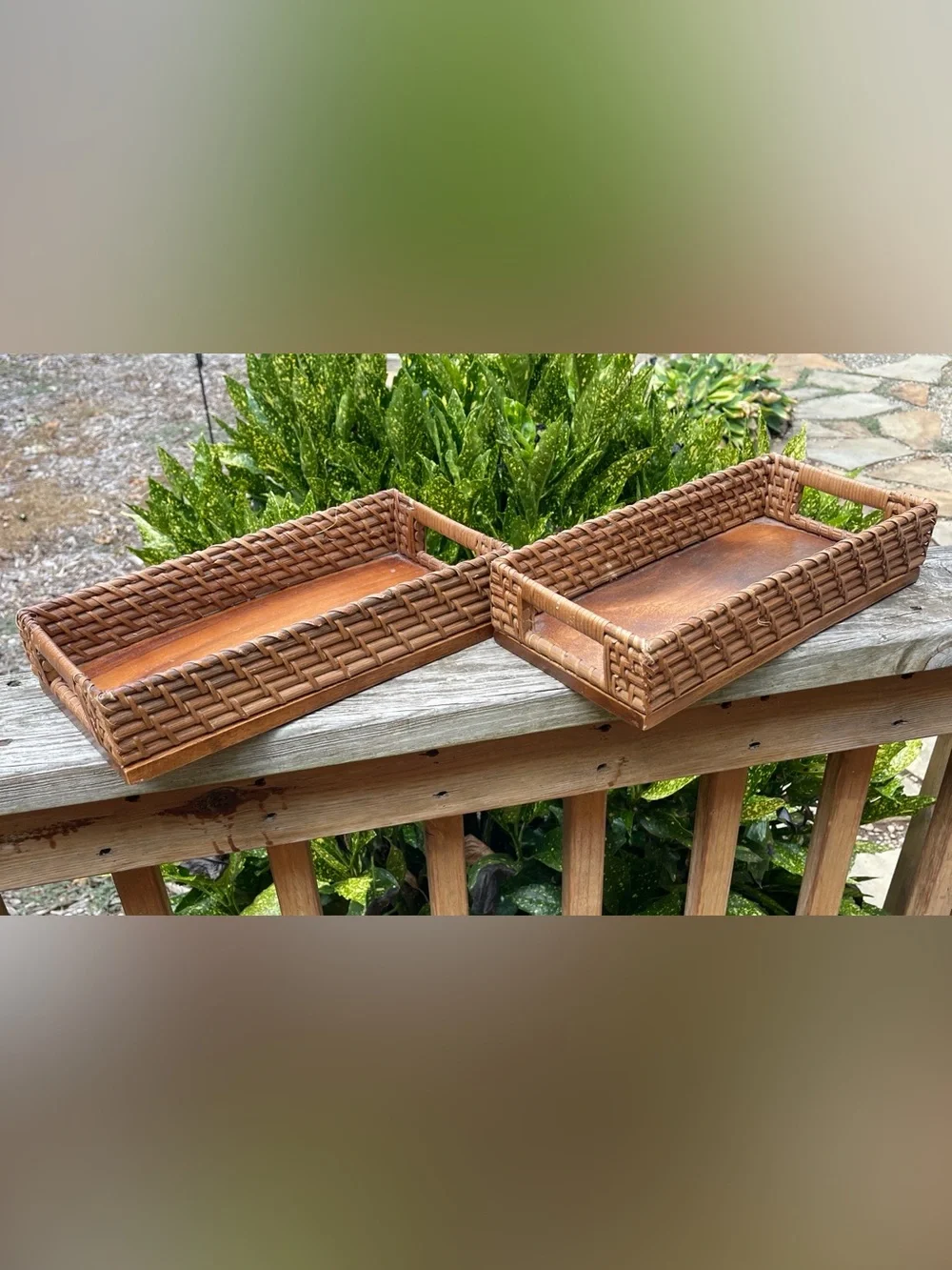 Vintage rattan and wood basket tray set of 2