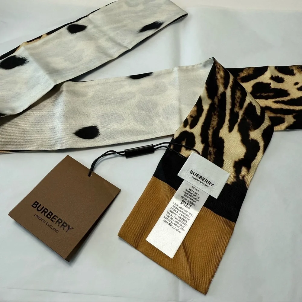 NWT Burberry London Reversible Silk Animal Print Long Bandeau Scarf