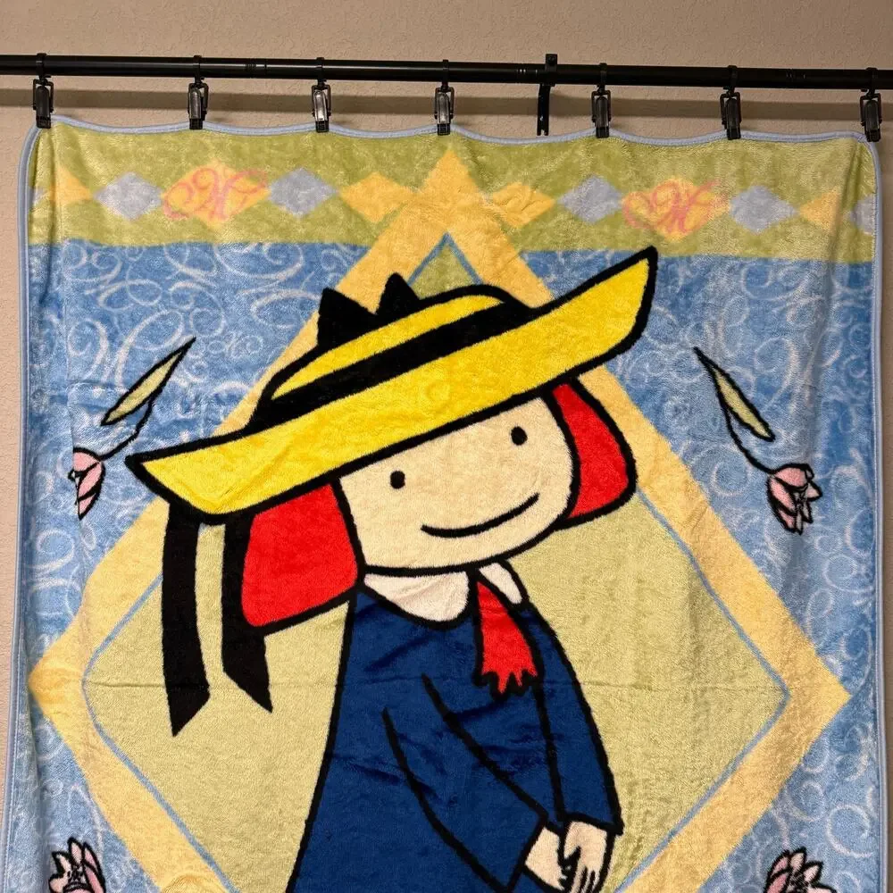 Vtg 90s Madeline plush throw blanket - Hard to find blue minky cartoon 58 x 50