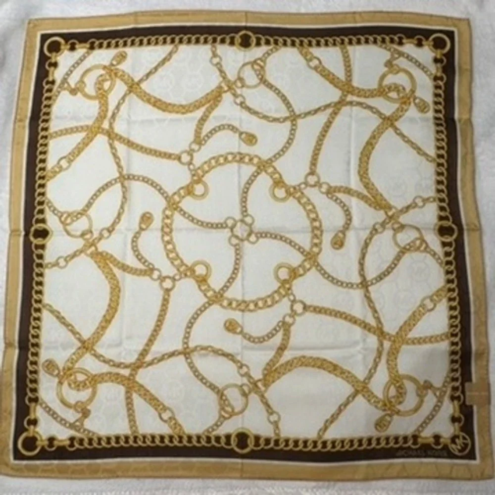 Vtg MICHAEL KORS Scarf Handkerchief Chain Link Cotton White Brown 20