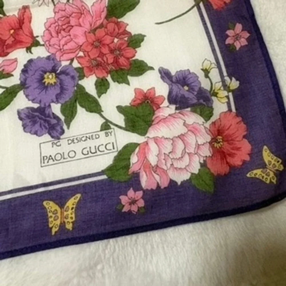 Vtg PAOLO GUCCI Scarf Handkerchief Floral Butterfly White Purple 16.5