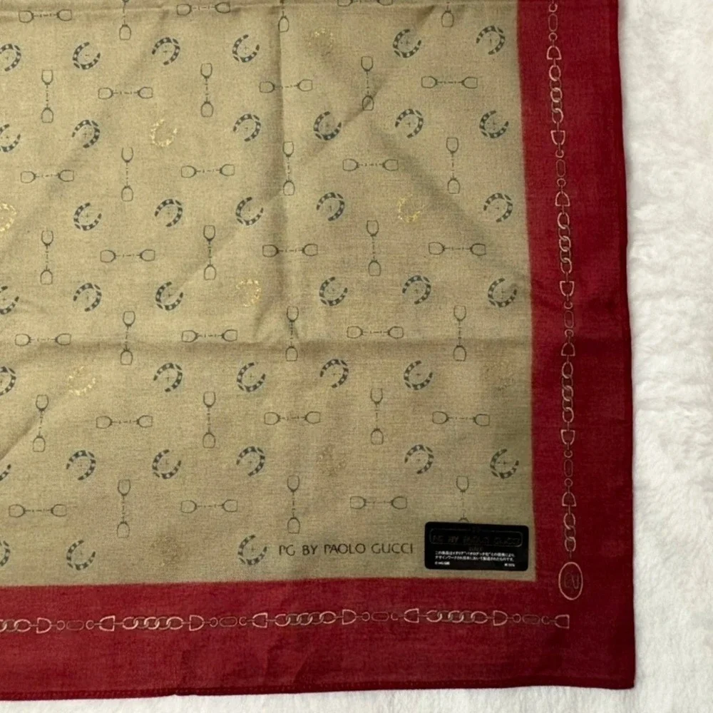 Vtg PAOLO GUCCI Scarf Handkerchief Equestrian Cotton Tan Burgundy 18