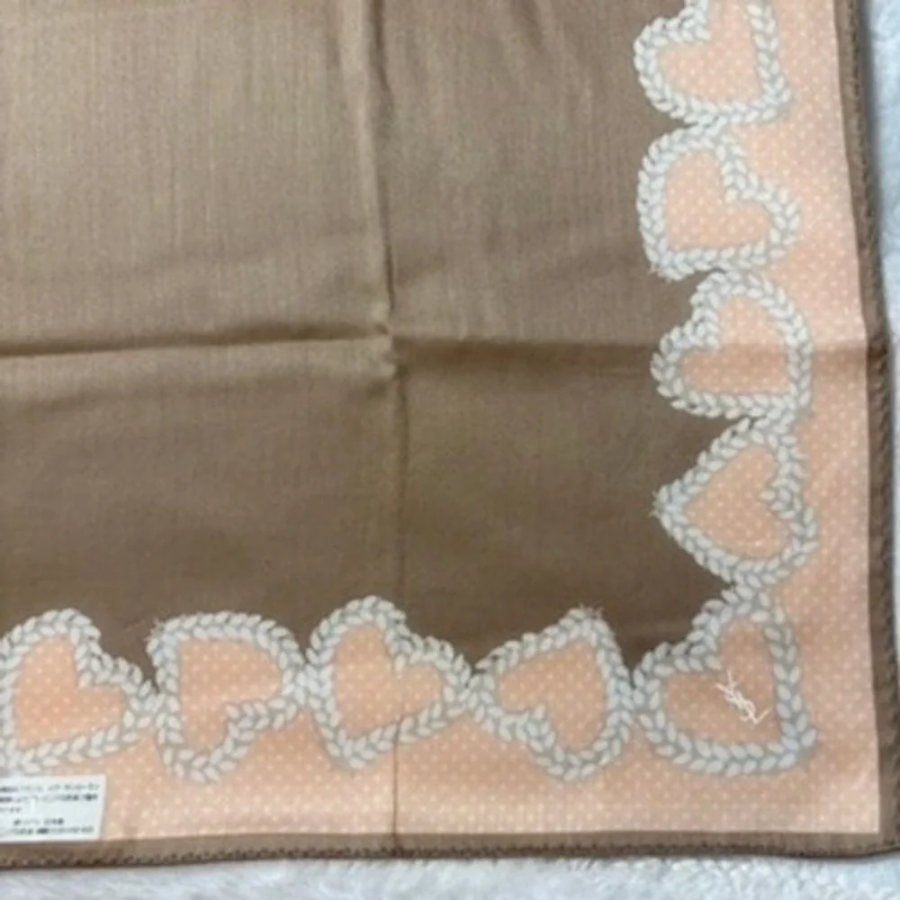 Vtg YVES SAINT LAURENT Scarf Handkerchief Heart Motif Cotton Tan Pink 19.5