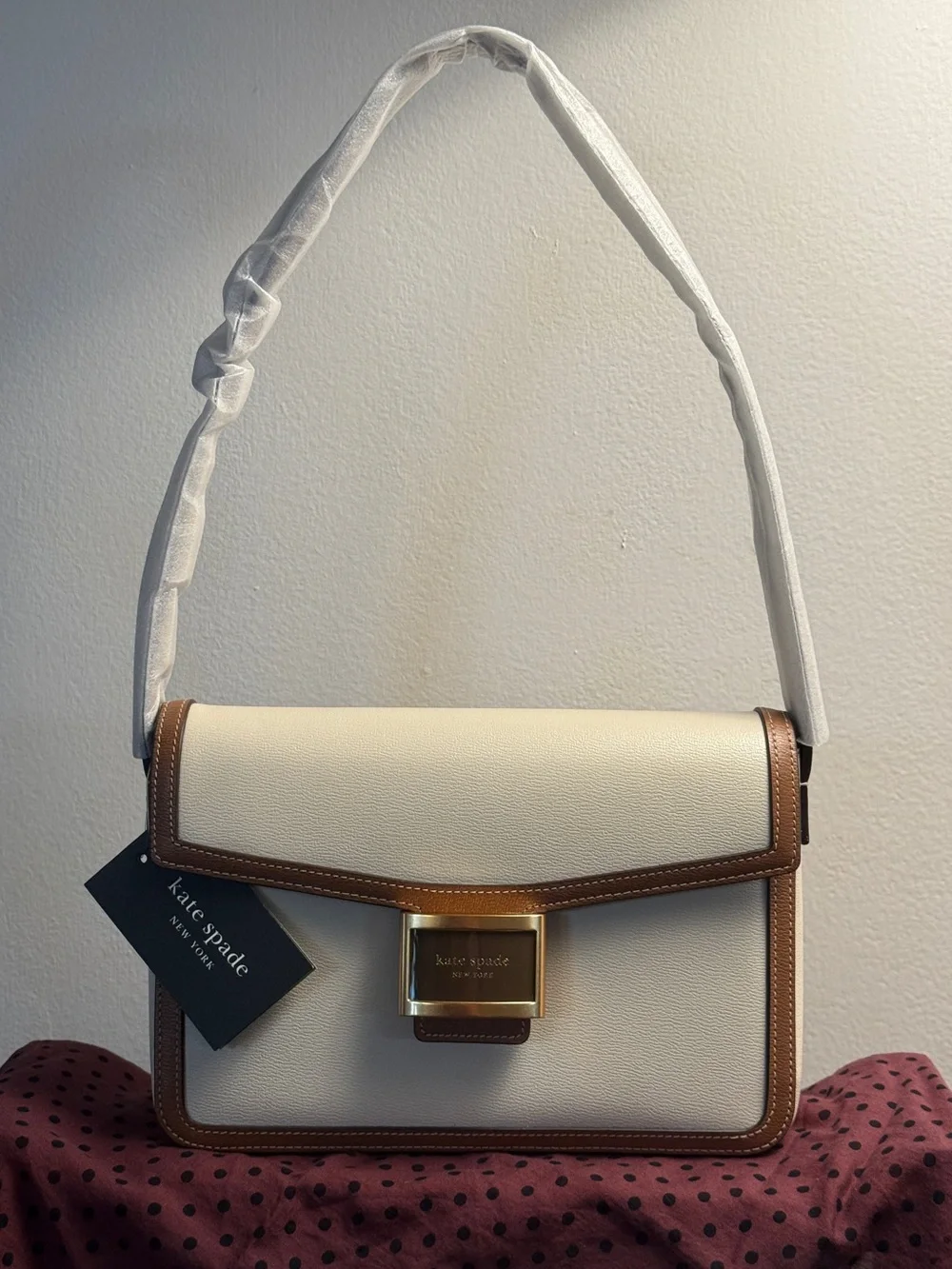 kate spade Cream and Brown Leather Color Block Medium Shoulder Bag