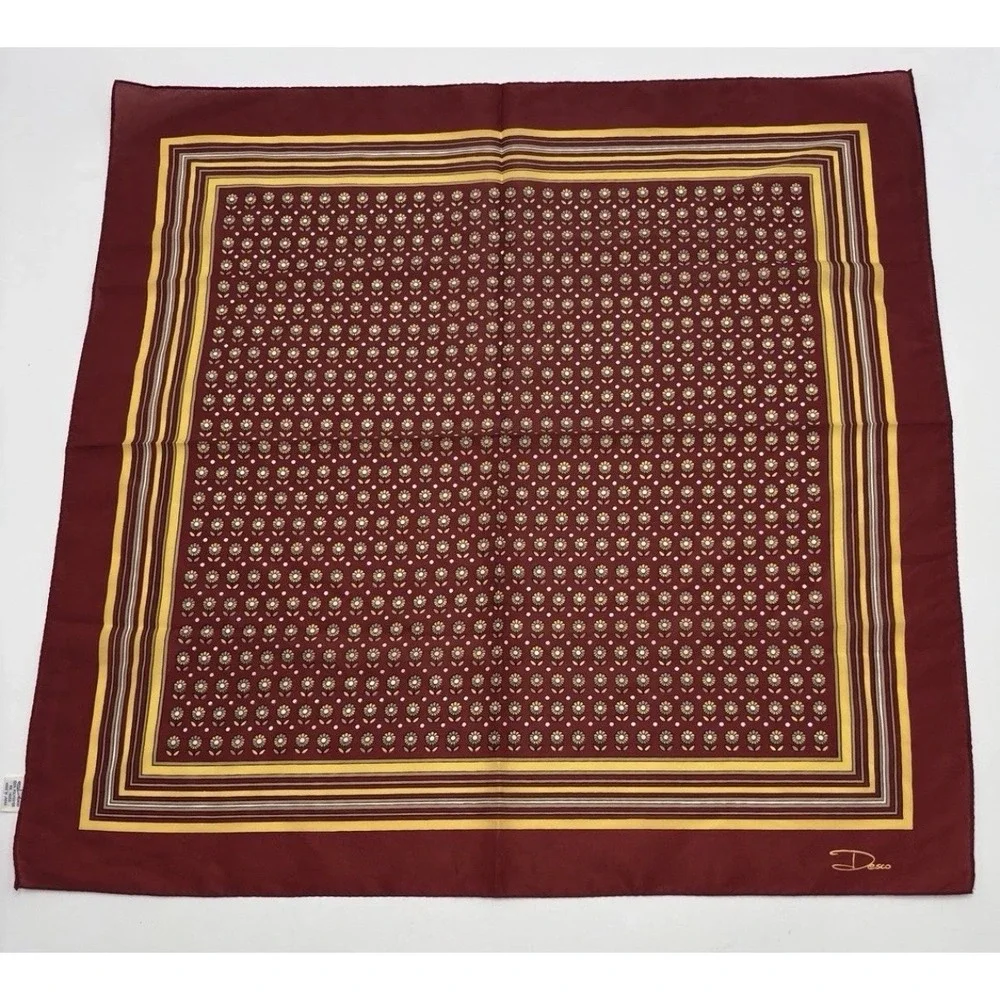 VTG Desco Scarf Mod Floral Polka Dot Burgundy Yellow Retro 70s Square Japan 25