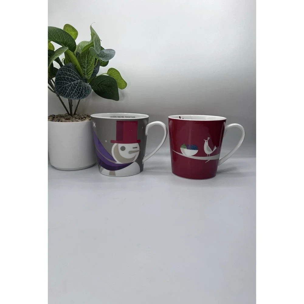 Starbucks Mugs Holiday 2011 Snowman Bird Christmas‎ Ornaments Red Gray Set of 2