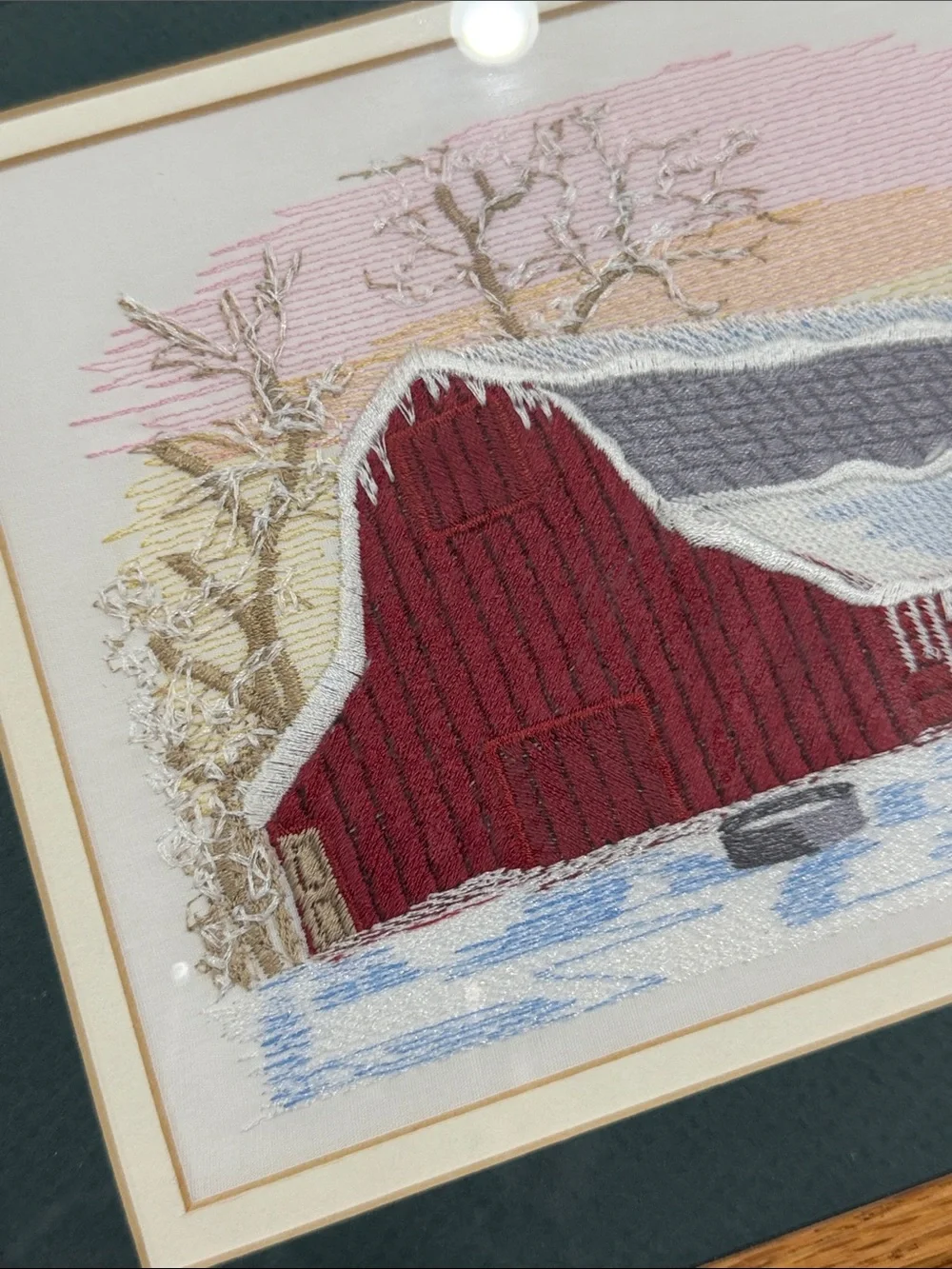 Vtg Needlepoint Embroidered Red Barn Winter Crewel Barn wood Frame Wall Hanging