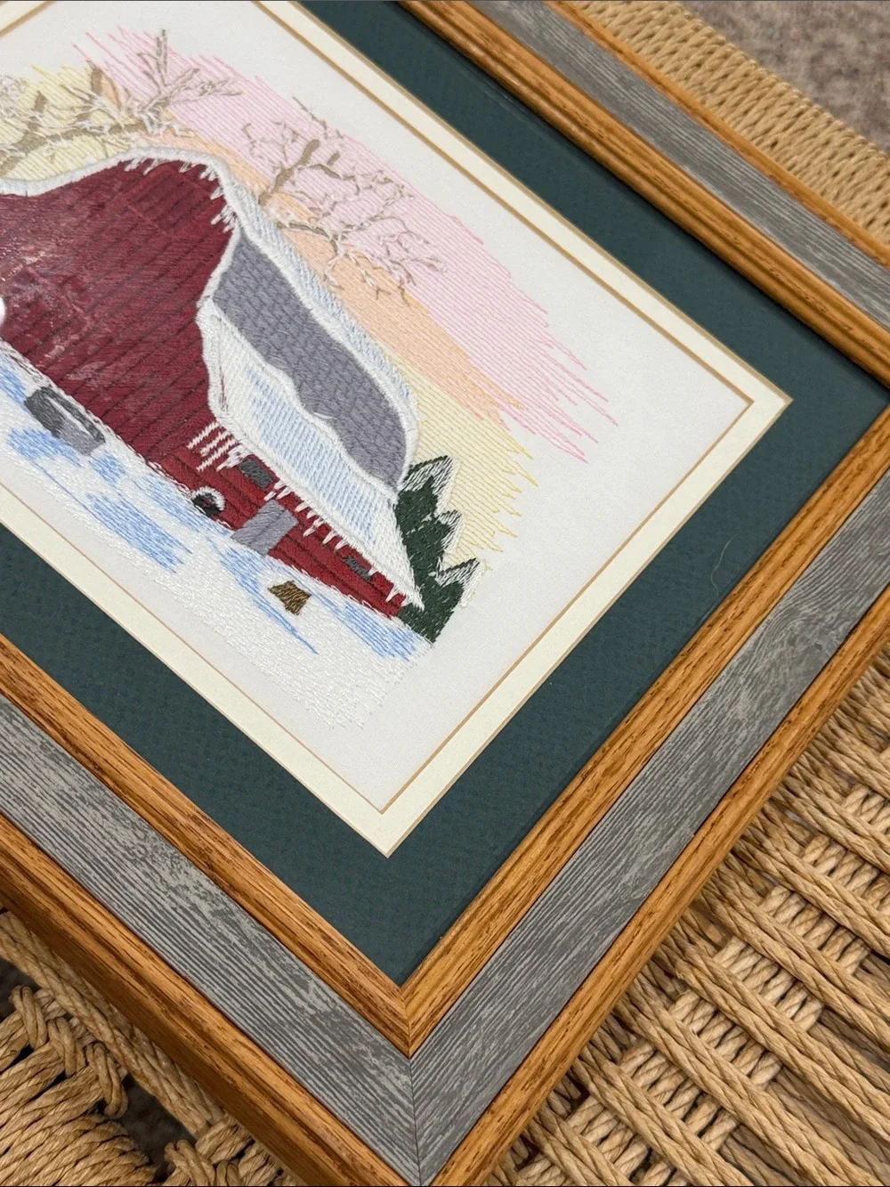 Vtg Needlepoint Embroidered Red Barn Winter Crewel Barn wood Frame Wall Hanging