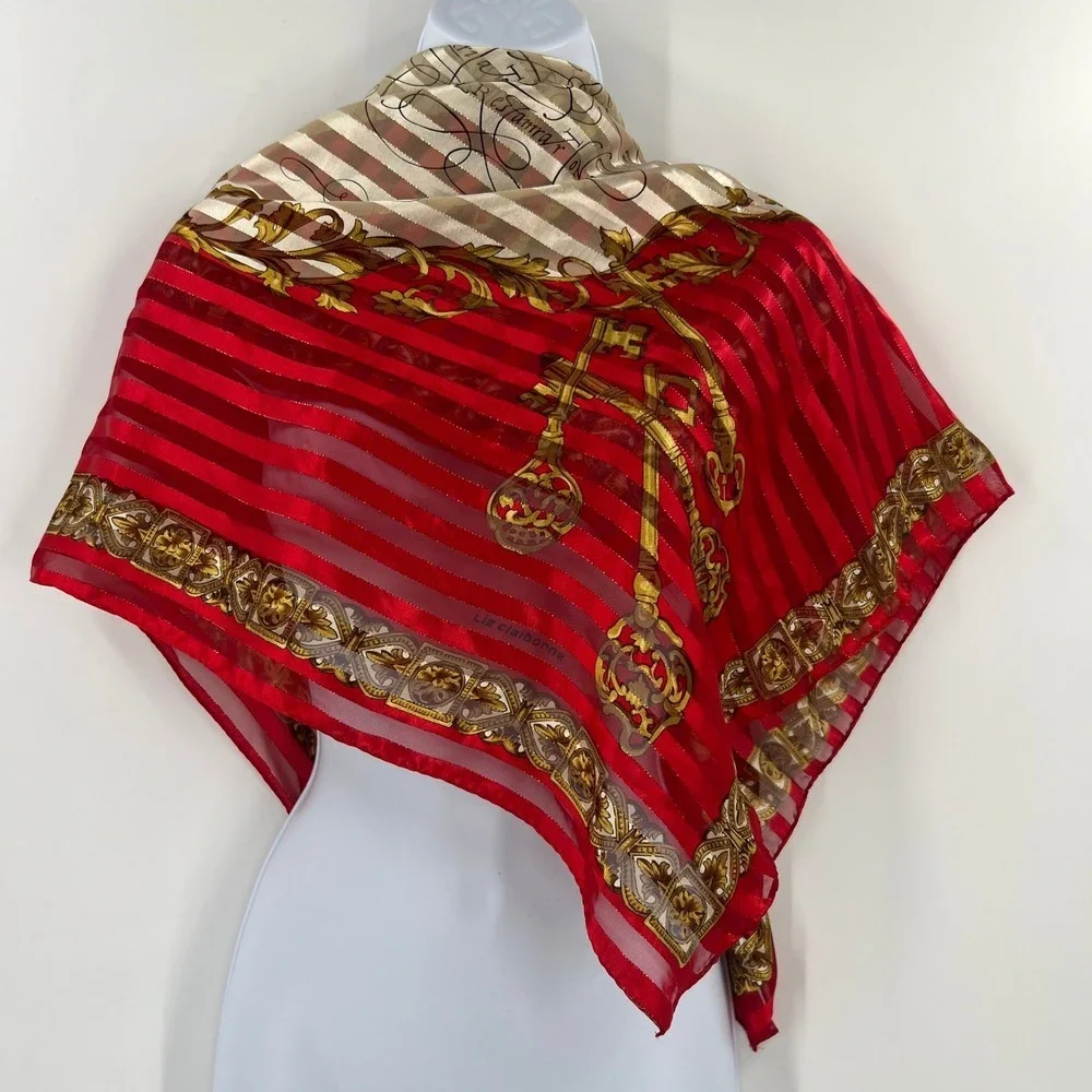 Vintage Liz Claiborne Scarf Sheer Stripe Red Gold Skeleton‎ Keys Script Baroque