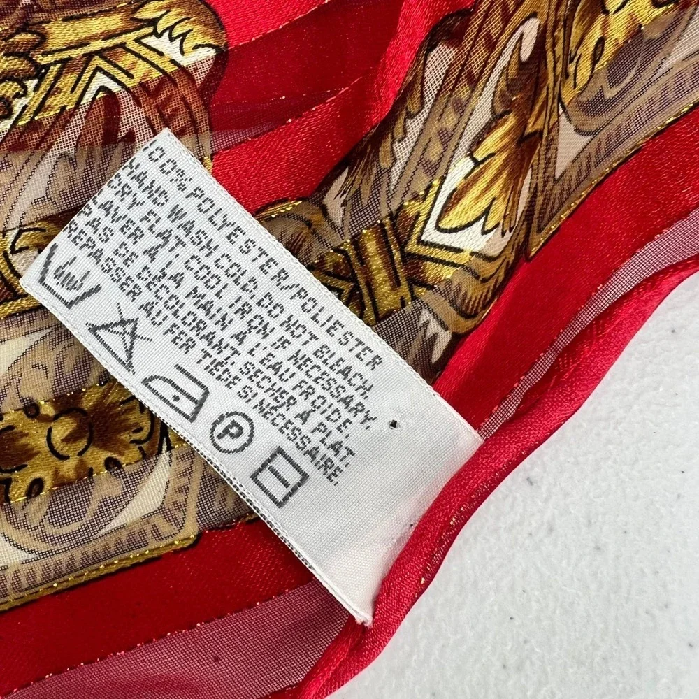 Vintage Liz Claiborne Scarf Sheer Stripe Red Gold Skeleton‎ Keys Script Baroque