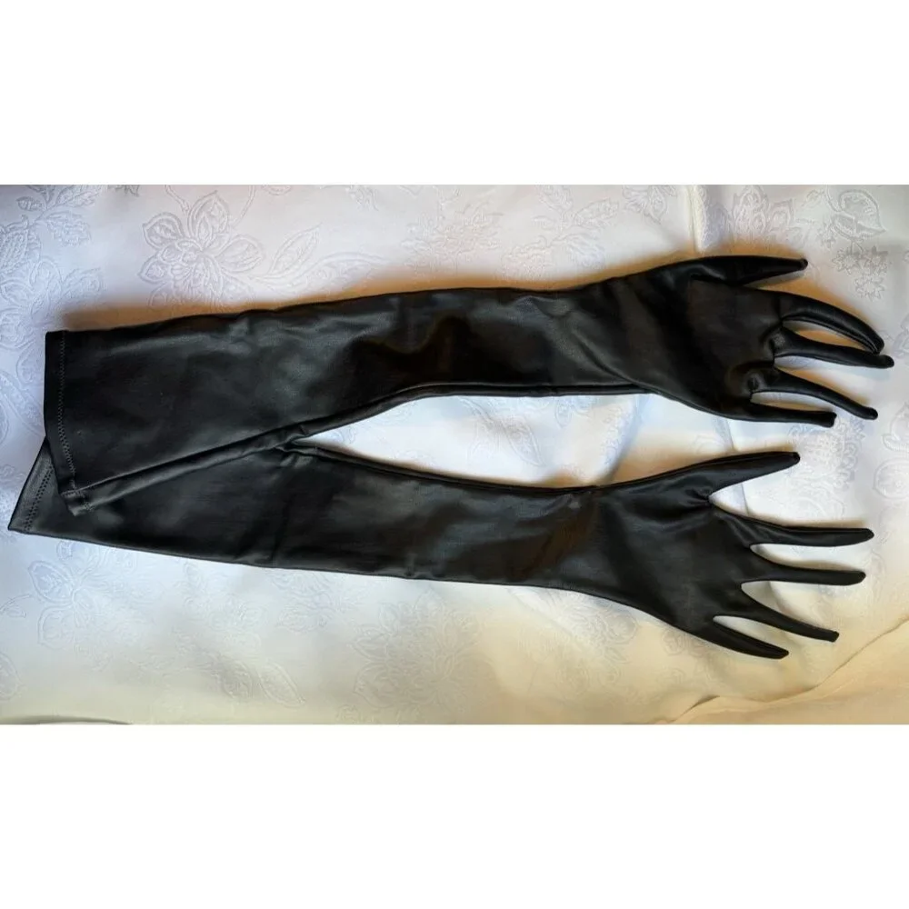 SKIMS Women S Faux Leather Formal Prom Length Long Gloves Onyx Black NEW No Tags
