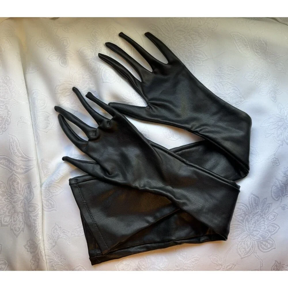 SKIMS Women S Faux Leather Formal Prom Length Long Gloves Onyx Black NEW No Tags