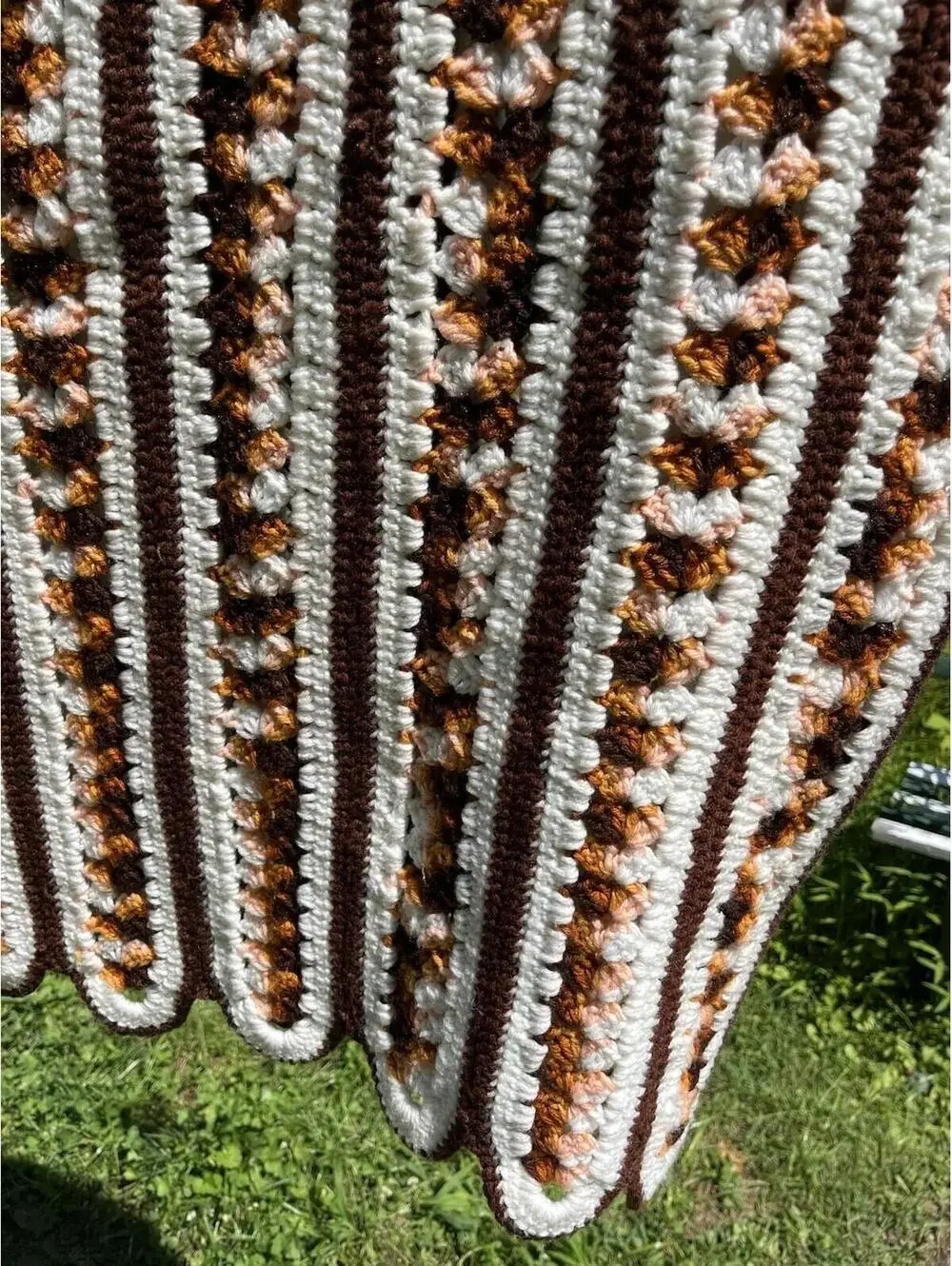 44x78” White Light Dark Brown Scalloped Edge Striped Afghan Neutral Color MCM