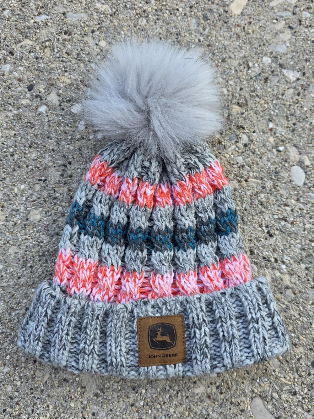 John Deere Toddler Girls Gray Pink Knit Pom Beanie Winter Hat OS