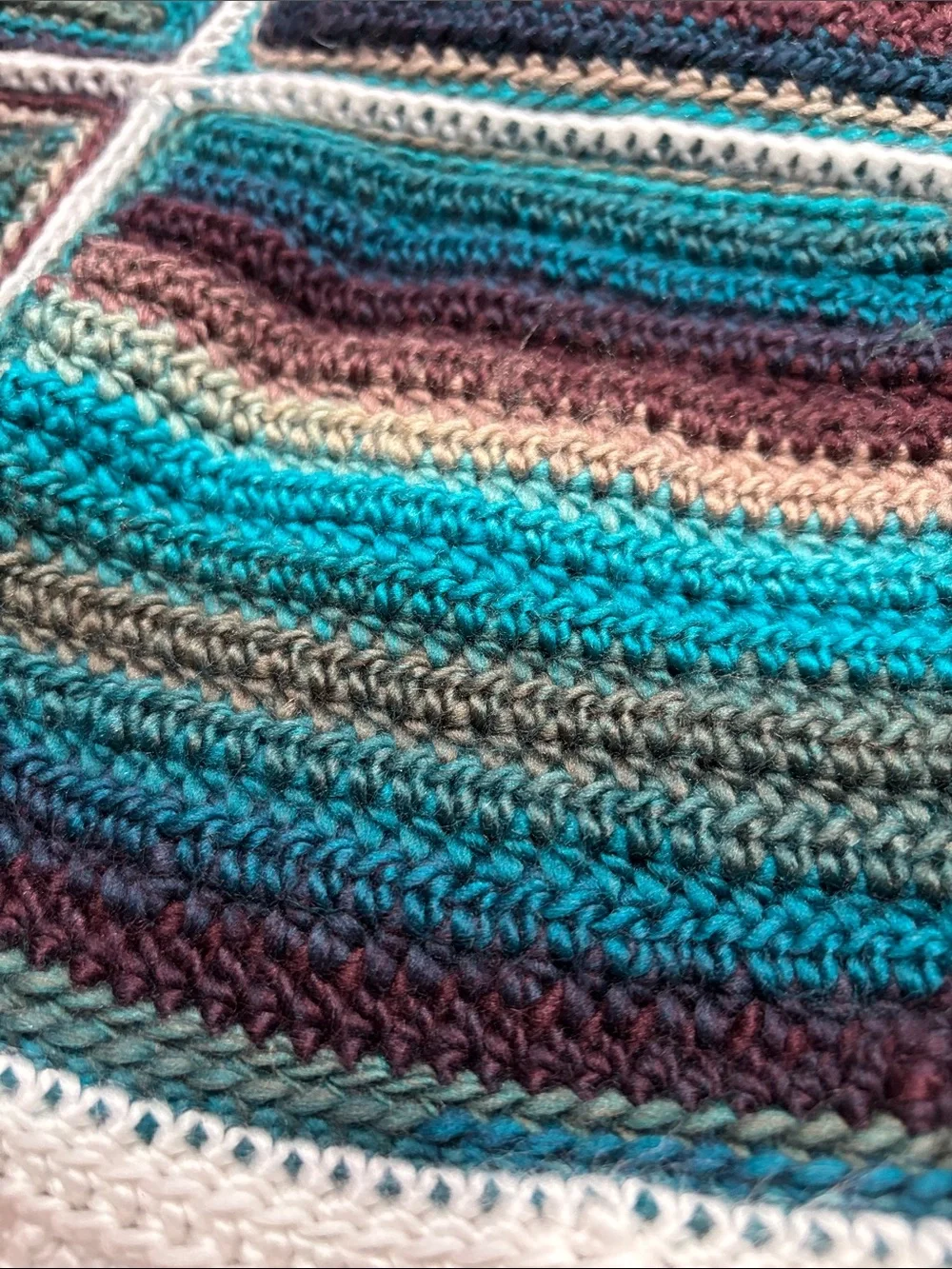 Handmade Crochet Patchwork Throw Blanket in Teal, Purple & Brown