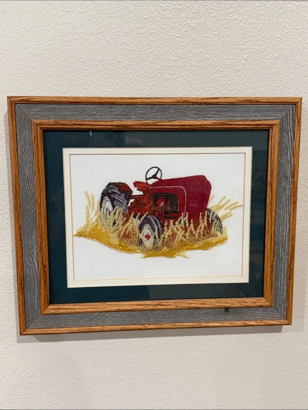 Vtg Needlepoint Embroidered Red Tractor Crewel Barn wood Frame Wall Hanging