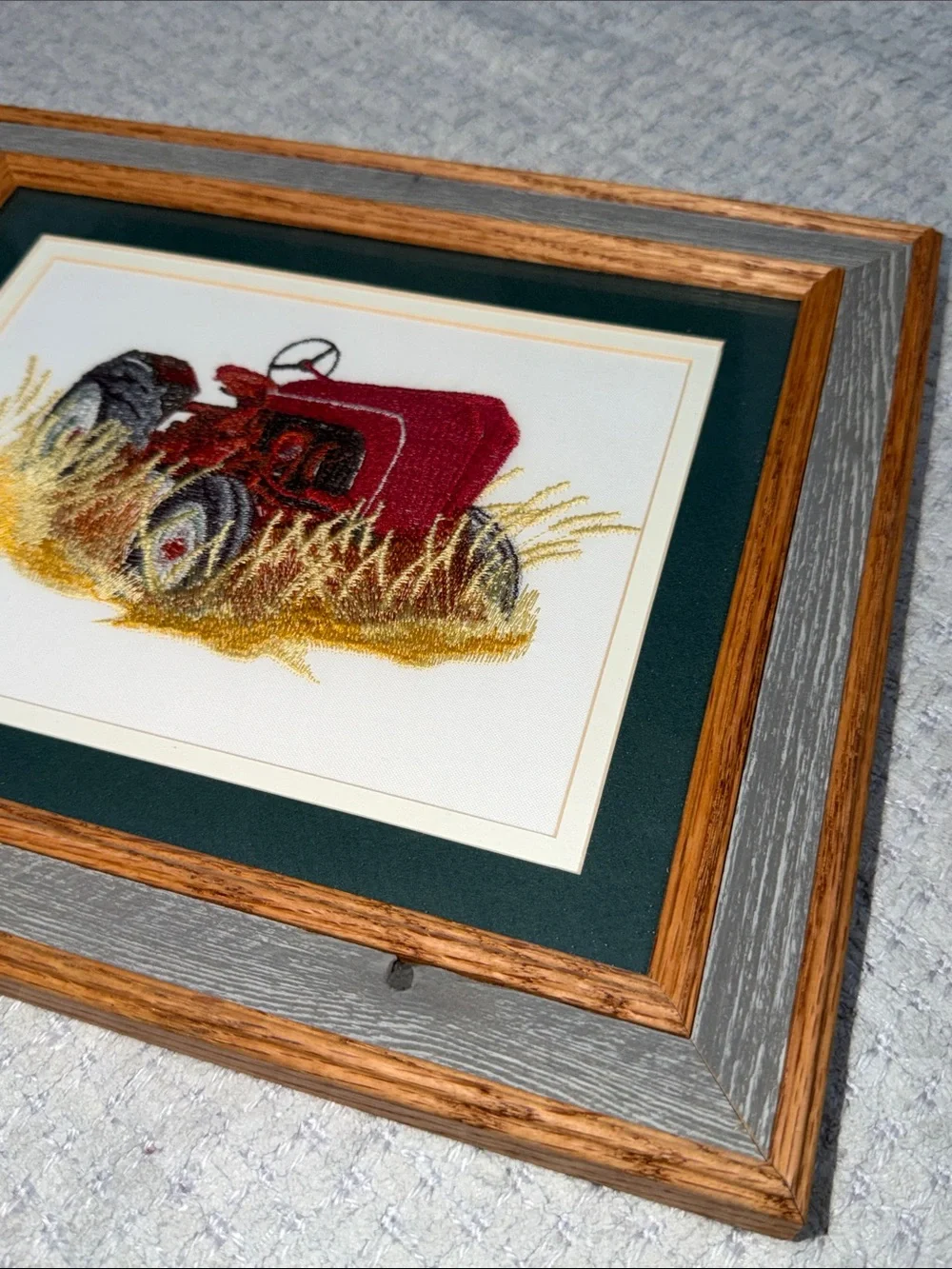 Vtg Needlepoint Embroidered Red Tractor Crewel Barn wood Frame Wall Hanging