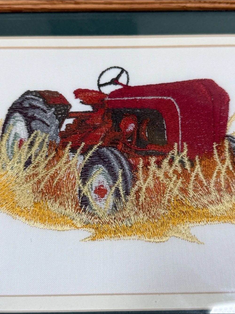 Vtg Needlepoint Embroidered Red Tractor Crewel Barn wood Frame Wall Hanging