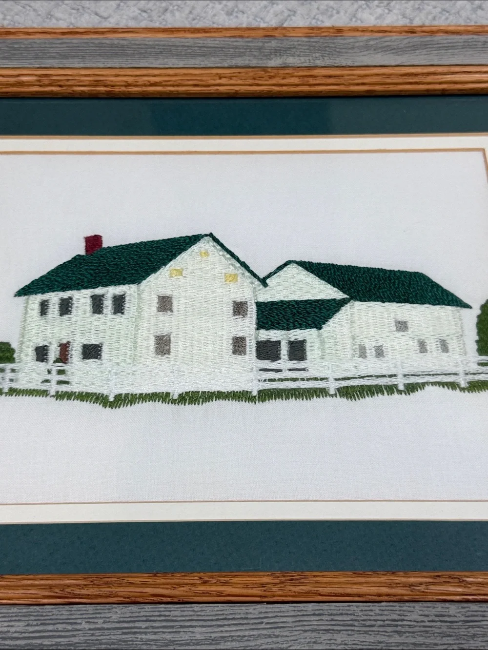 Vtg Needlepoint Embroidered White Farmhouse Crewel Barn wood Frame Wall Hanging