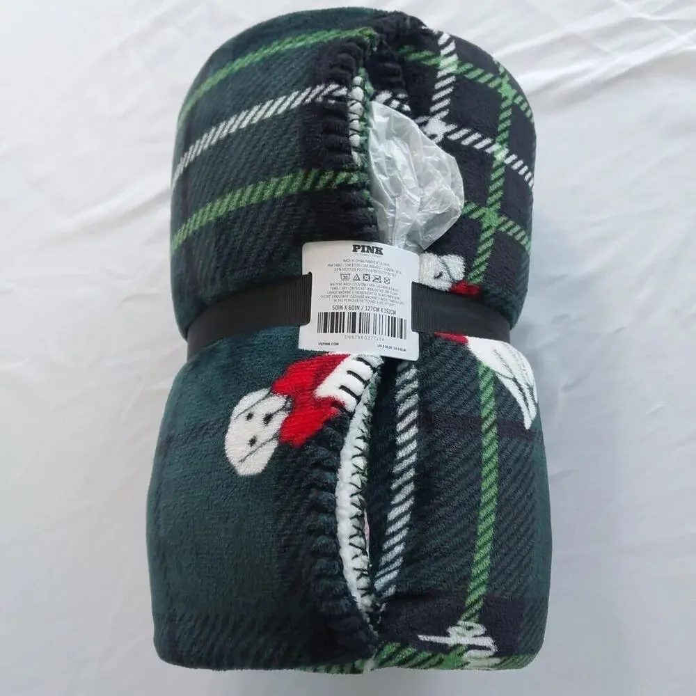 Victorias Secret Plush Sherpa Cozy Fleece Throw Blanket Green Plaid Dog 2024 New