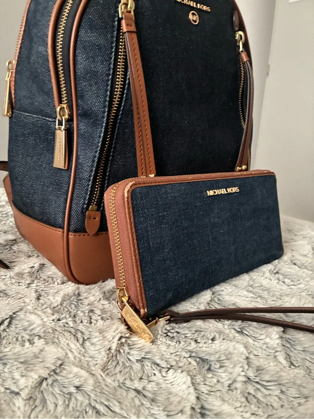 Michael Kors Denim and Brown Leather Backpack & Wallet Set