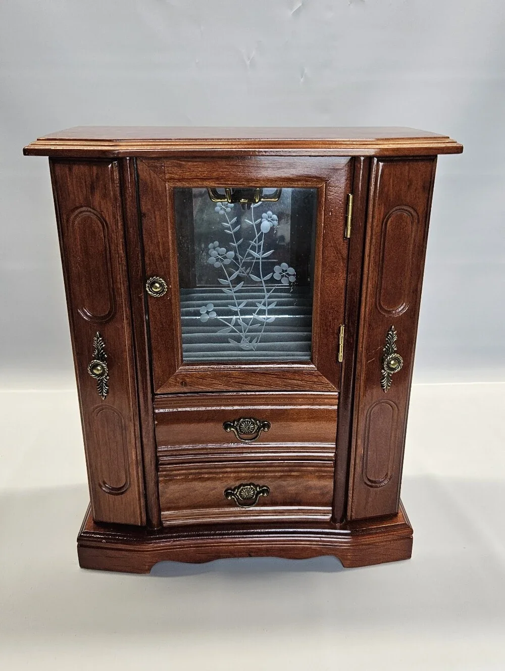 Vintage Wooden Jewelry Armoire Box 2 Drawers Ring Etched Glass Doors Felt Lined