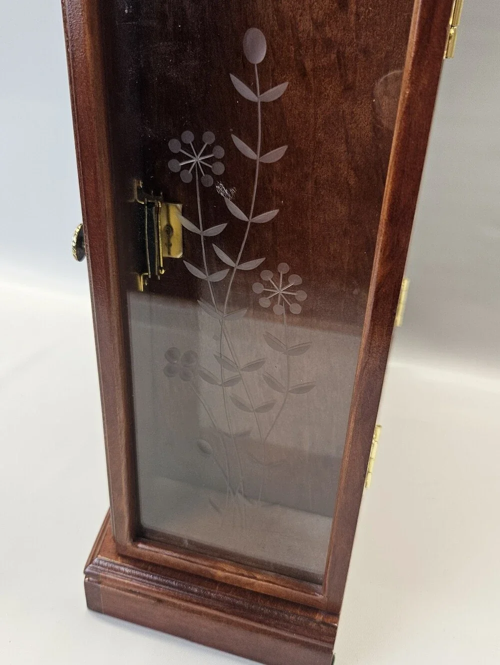 Vintage Wooden Jewelry Armoire Box 2 Drawers Ring Etched Glass Doors Felt Lined