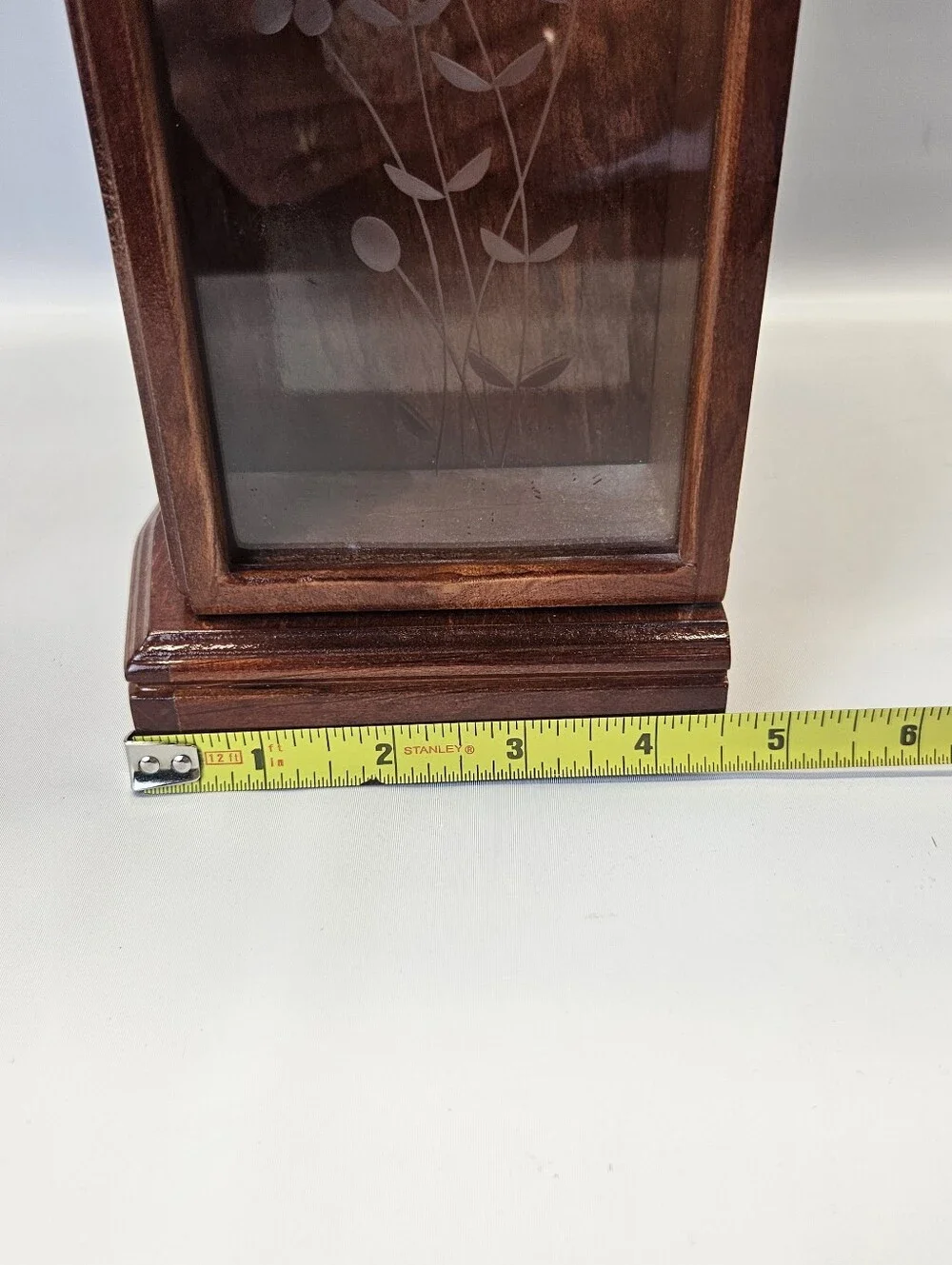 Vintage Wooden Jewelry Armoire Box 2 Drawers Ring Etched Glass Doors Felt Lined