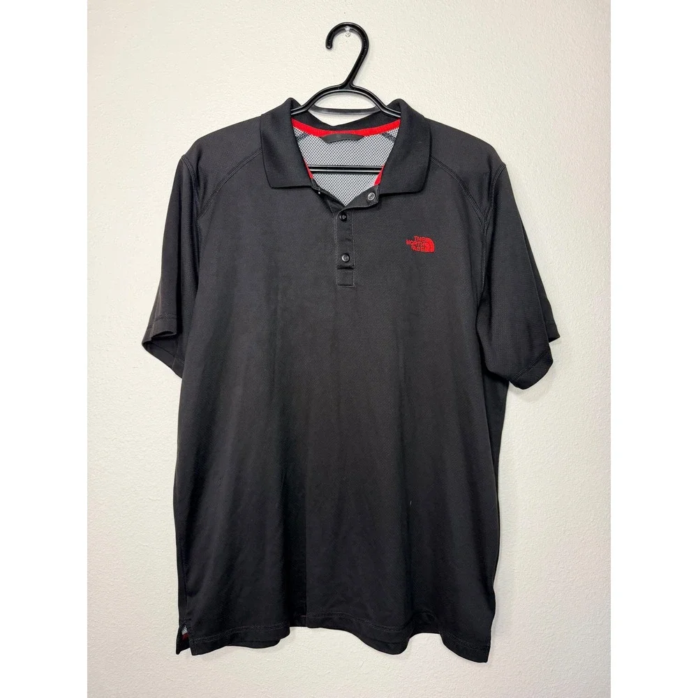 The North Face Mens Black Performance Polo Shirt Red Logo Short Sleeve Large