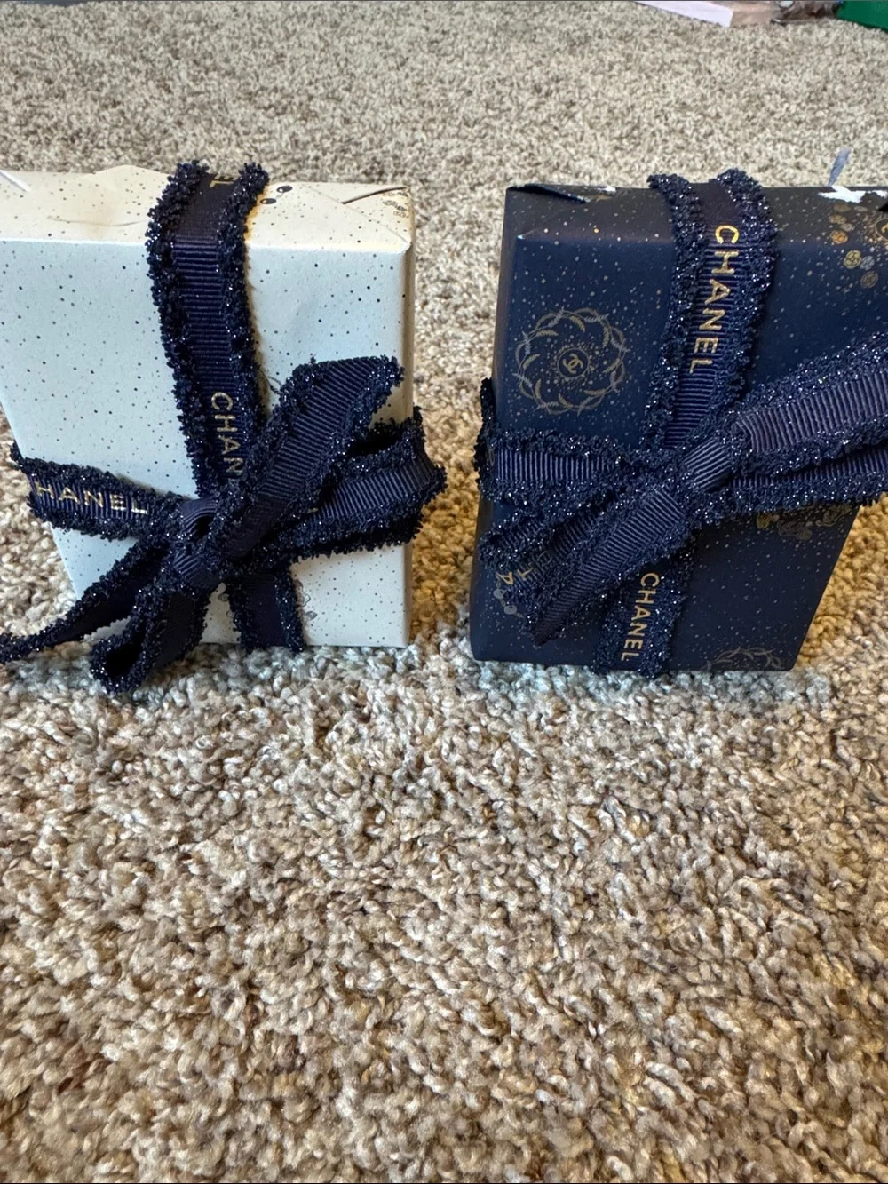 CHANEL Navy Ribbon Gift Boxes in Light Blue and Navy