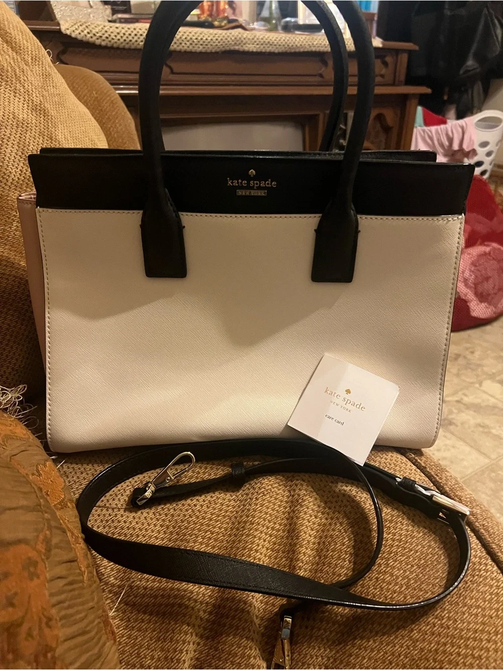 kate spade Black, White & Blush Leather Satchel with Detachable Strap