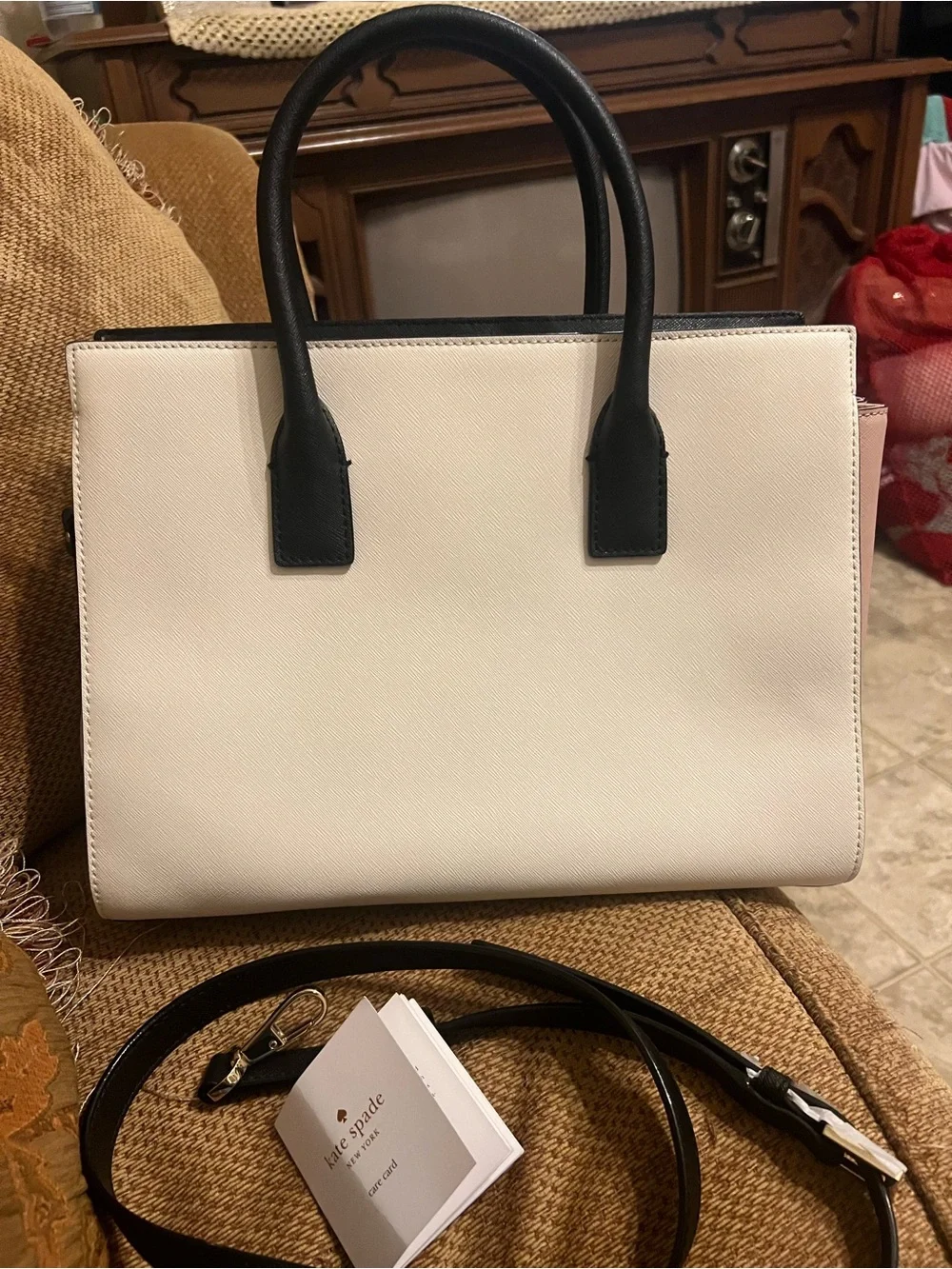 kate spade Black, White & Blush Leather Satchel with Detachable Strap