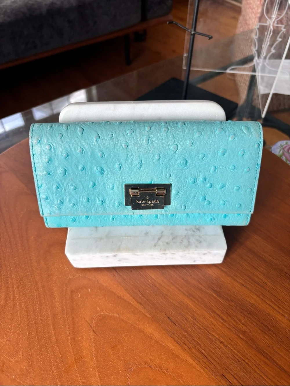 Kate Spade Turquoise Ostrich-Embossed Turn-Lock Wallet
