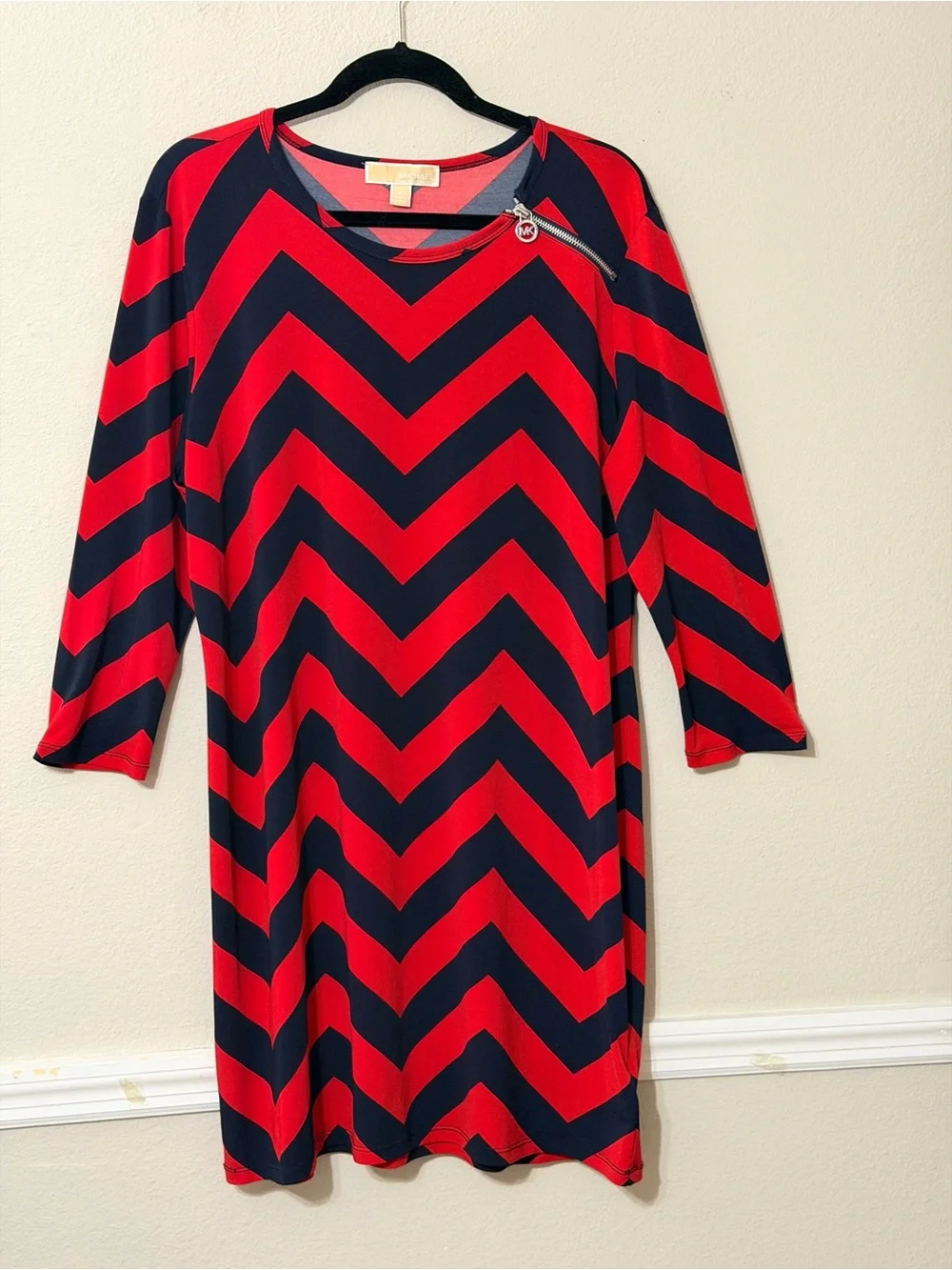 Michael Kors Red and Black Chevron Long Sleeve Shift Dress with Zip Accent