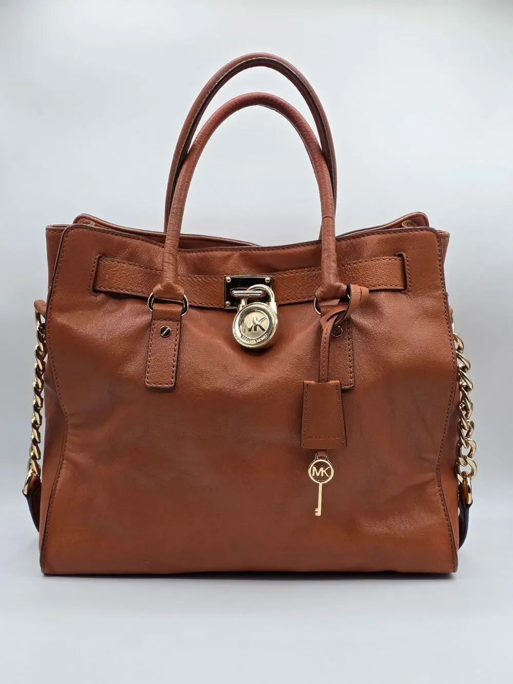Michael Kors Hamilton Large Leather Tote Satchel Luggage Brown Gold Lock Key