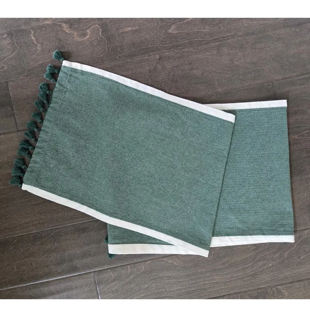 Green Herringbone Tassel Table Runner Farmhouse Boho 66