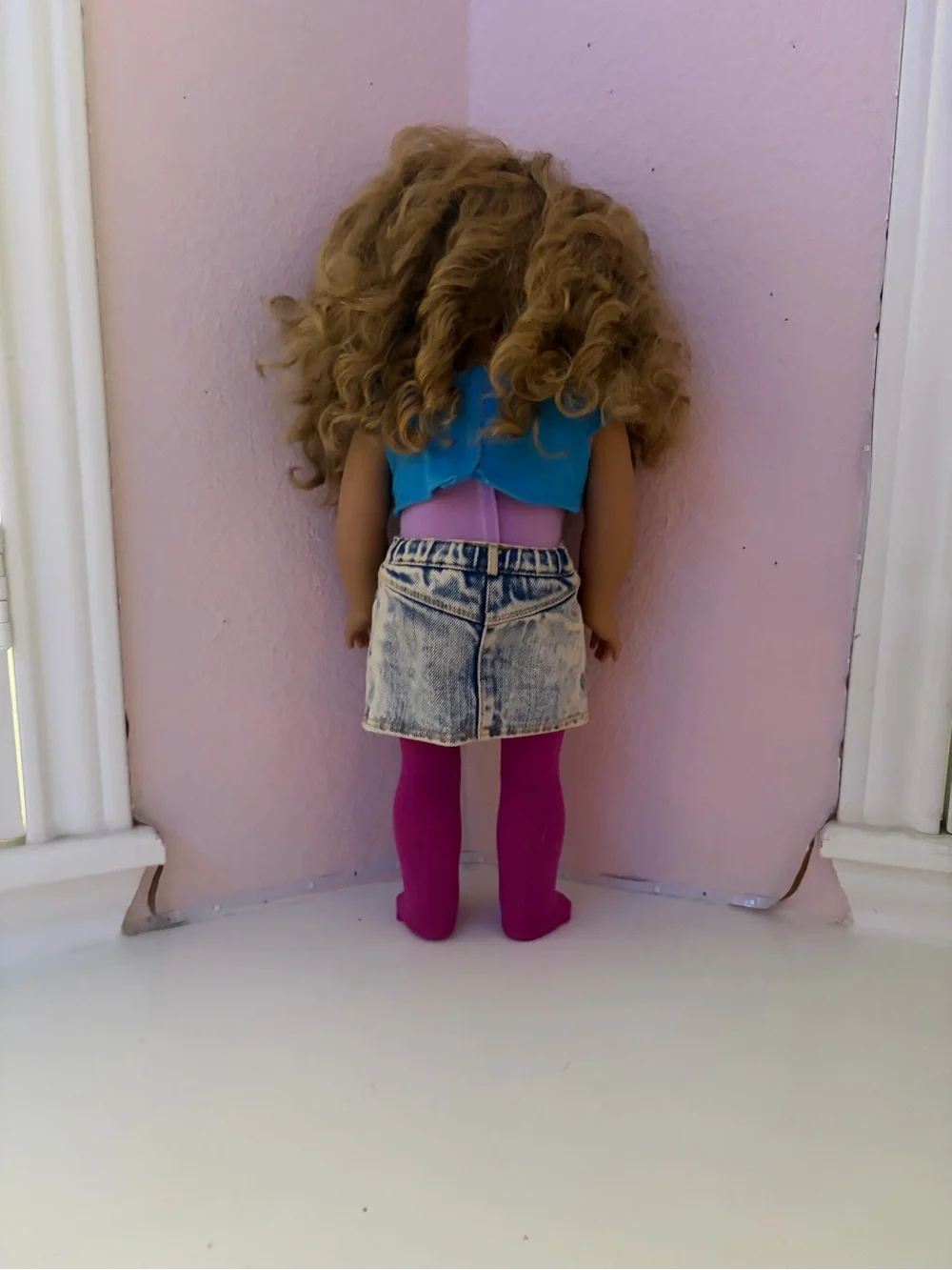 American Girl Blonde Curly Hair Doll in Blue Top and Pink Tights