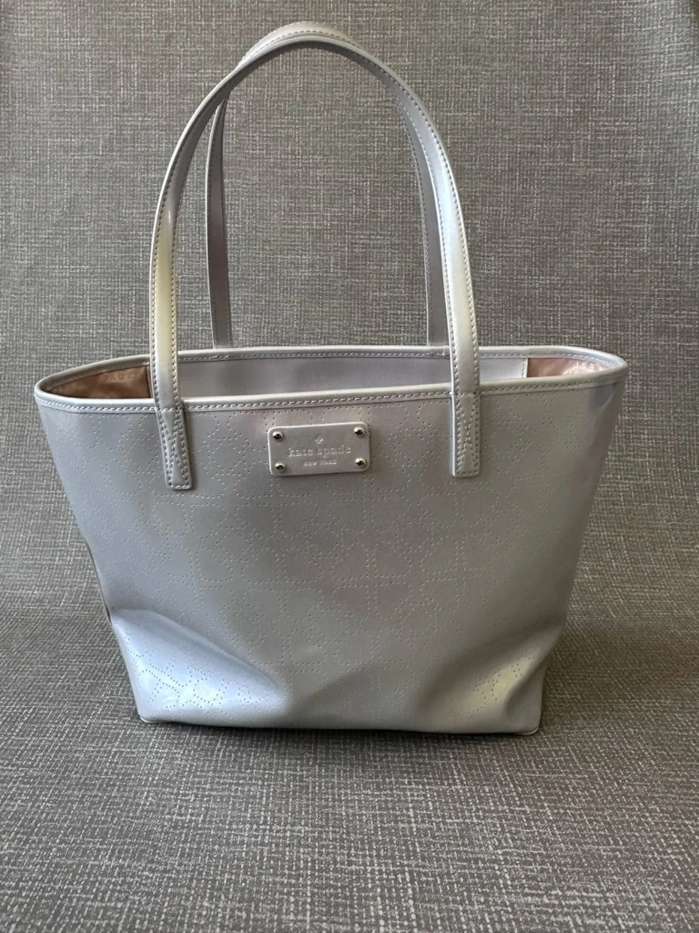 Kate Spade Harmony Metallic Silver Heart Perforated Tote Bag Shoulder Purse