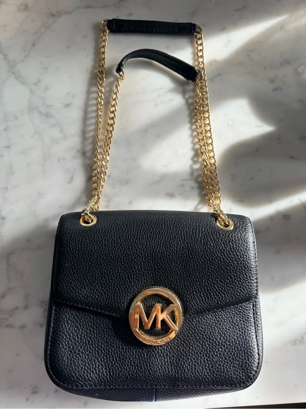 Michael Kors Black Pebbled Leather Shoulder Bag with Gold Hardware