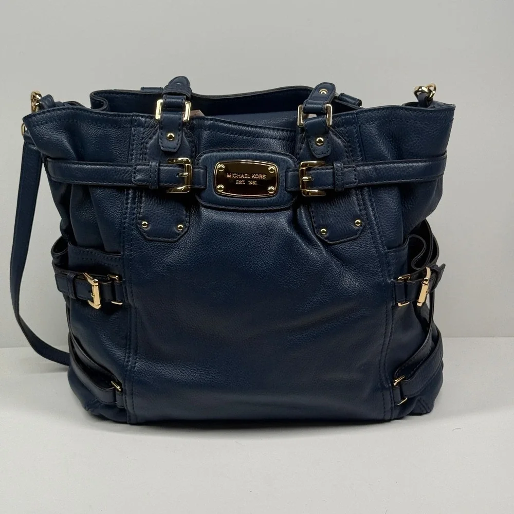 Michael Kors Gansevoort Tote Blue Leather Magnetic Snap Dual Handle Medium Bag