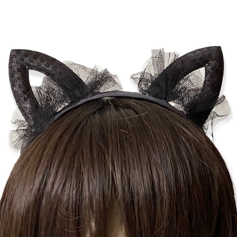 Black Lace Sequins Cat Ears Headband Cosplay Hair Accessory NEW