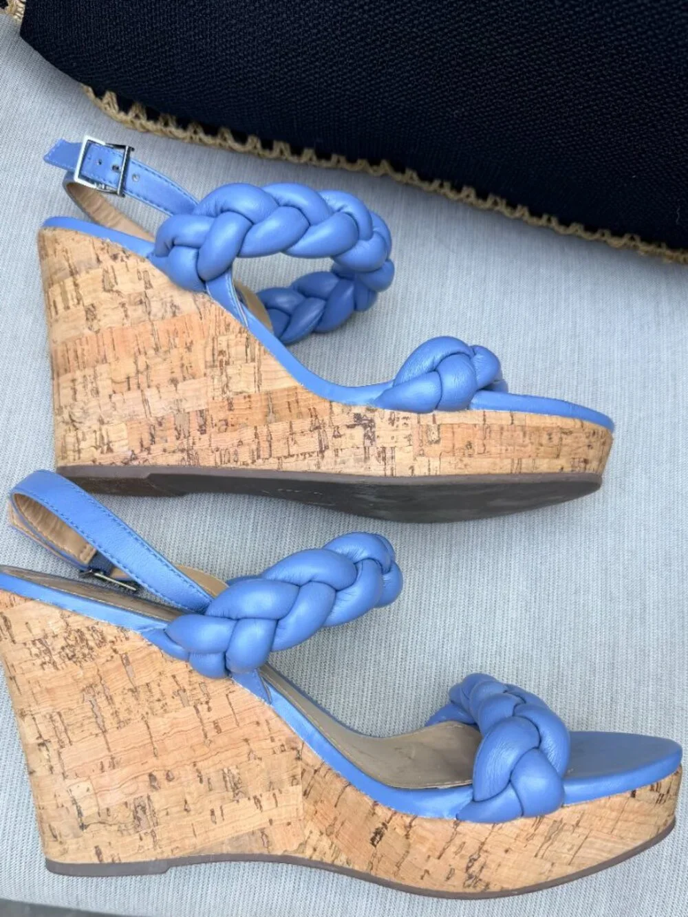 Schutz Cornflower/Periwinkle Blue Braided Leather Cork Platform Wedge Sandals 9