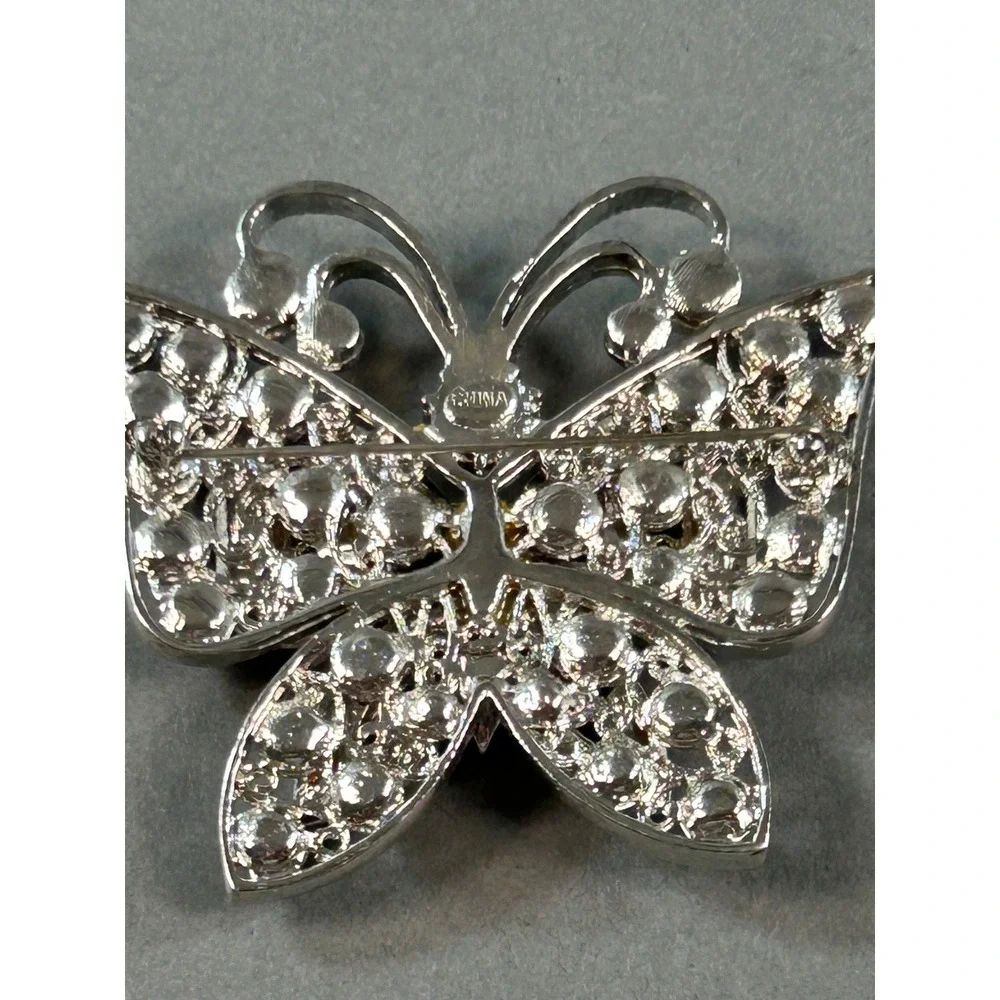 Vintage Style Silver Tone Butterfly Brooch Purple Amber Green Rhinestone Pin