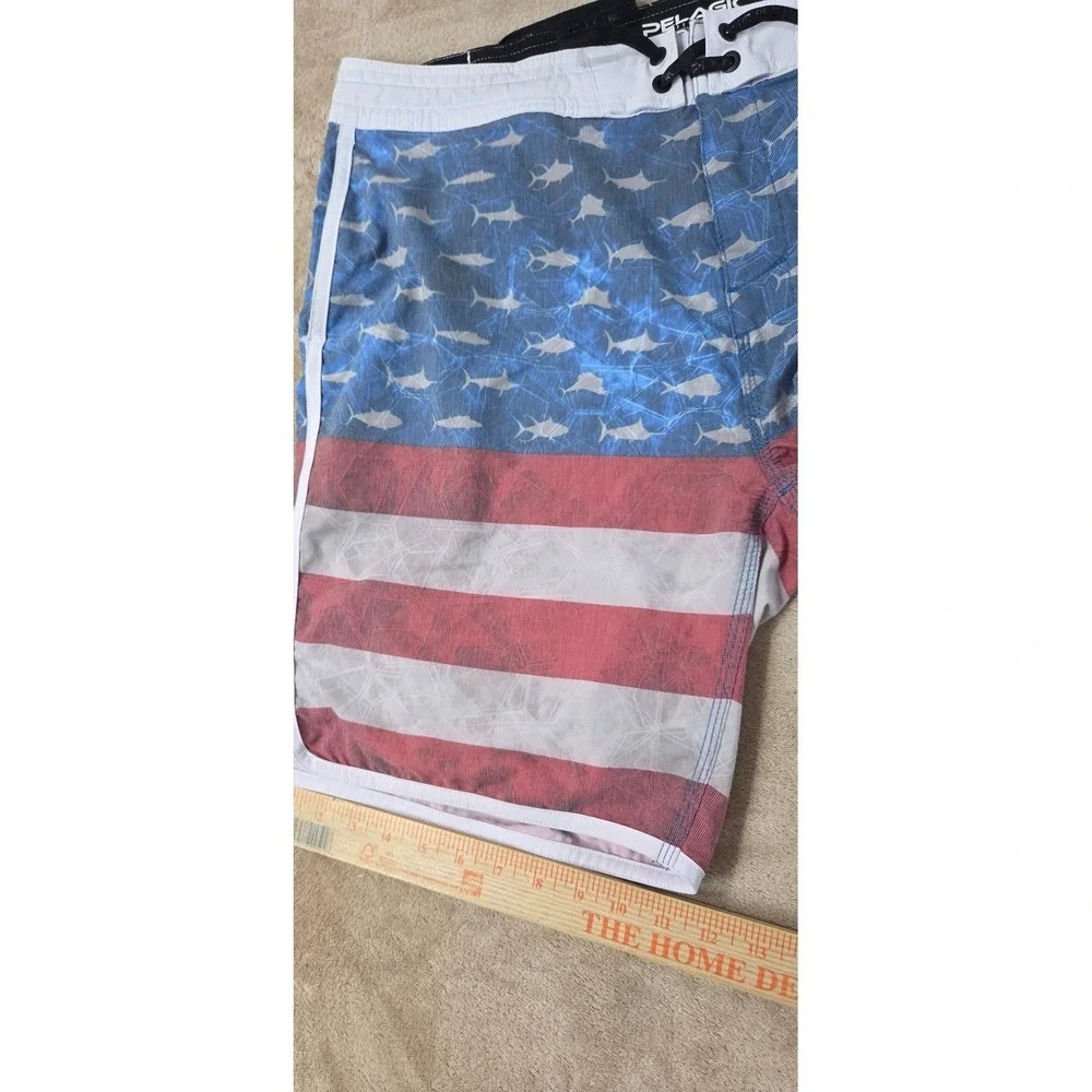 Pelagic High Performance Sharkskin Offshore Board Short 38 USA Flag Fish AOP EUC