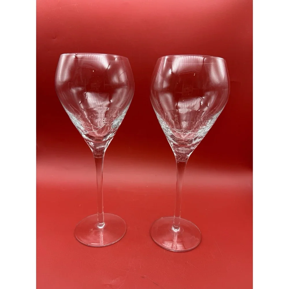 2 Vintage Pier 1 Reflections Crackle Glass Clear Wine Glasses 9.75