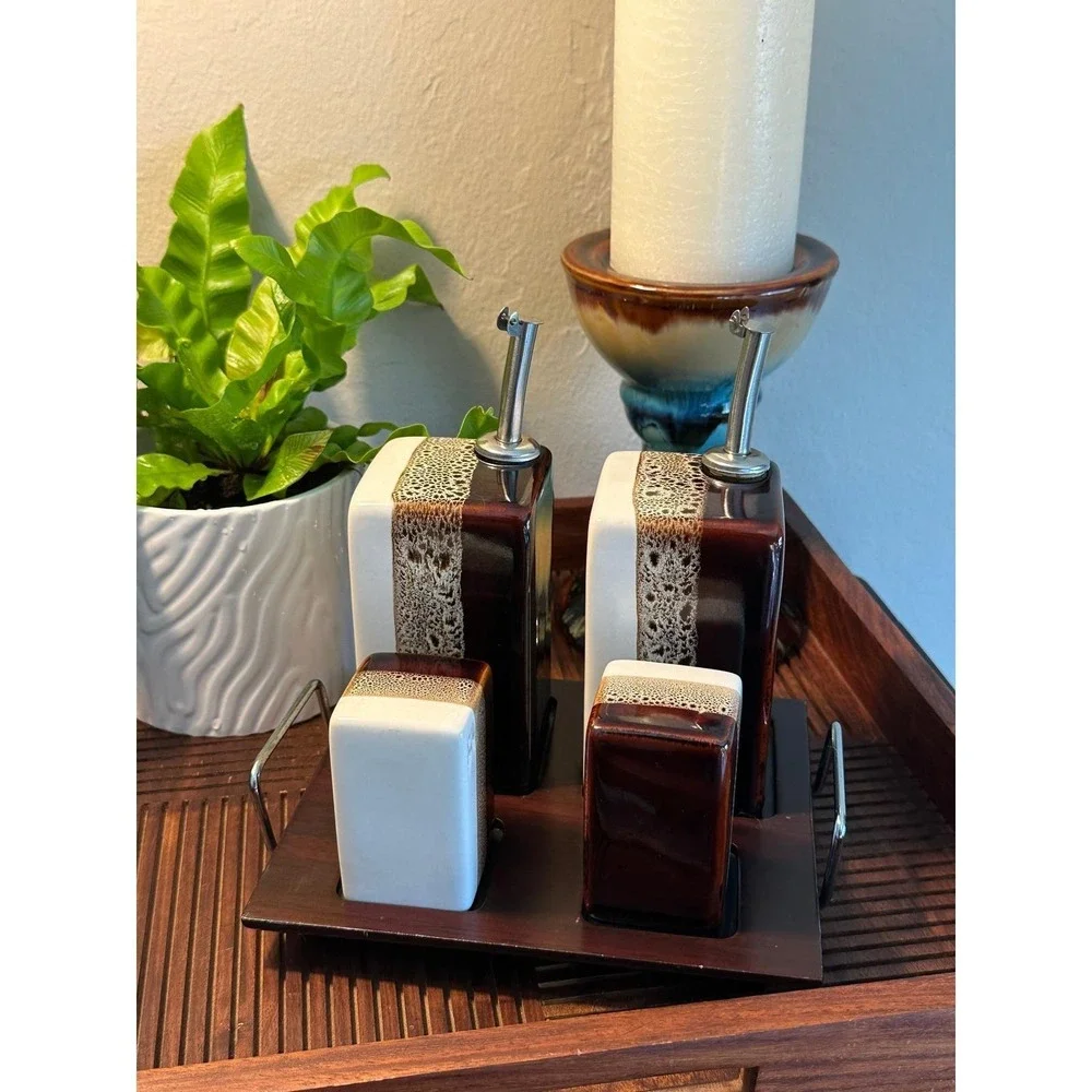 Vintage Pier 1 Tri-Color Brown & White Ceramic Oil, Vinegar, Salt Pepper Set
