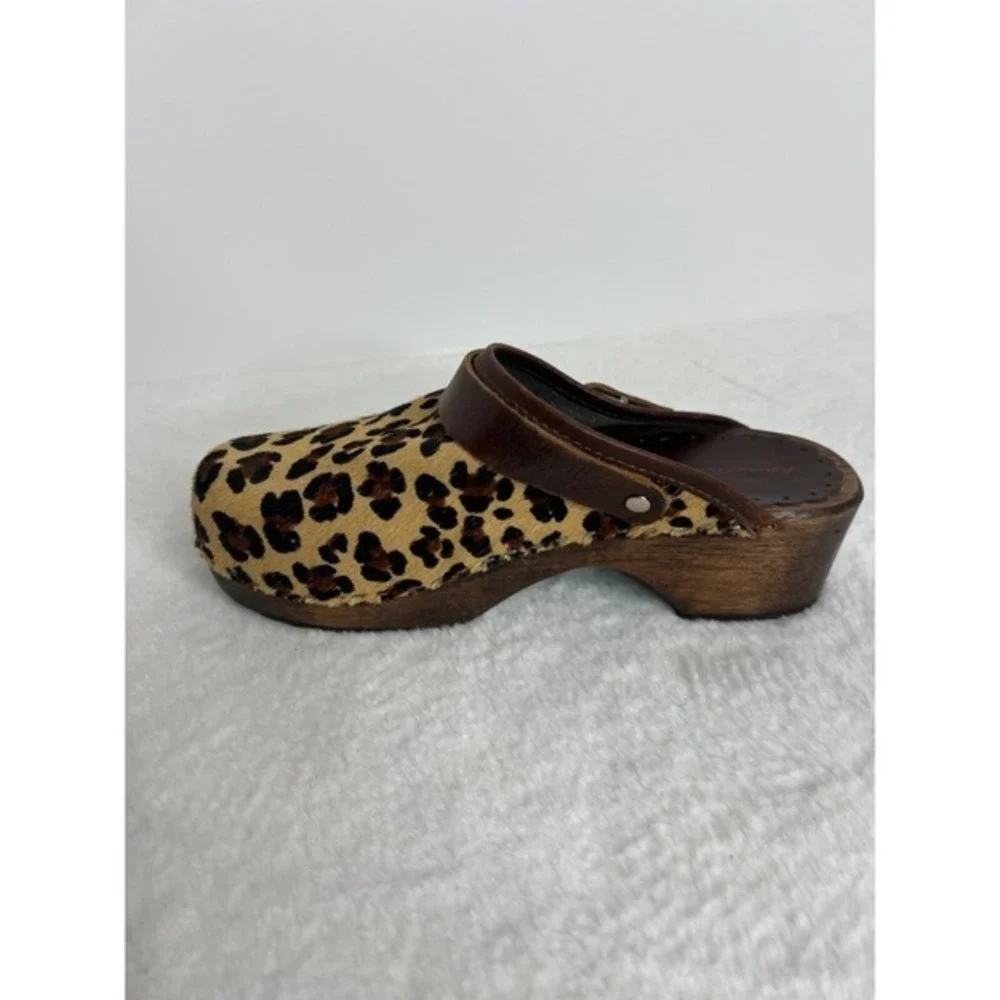 Hanna Andersson Shoes Womens 35 Leapard Calf Hair Wedge Clog Brown Leather Strap