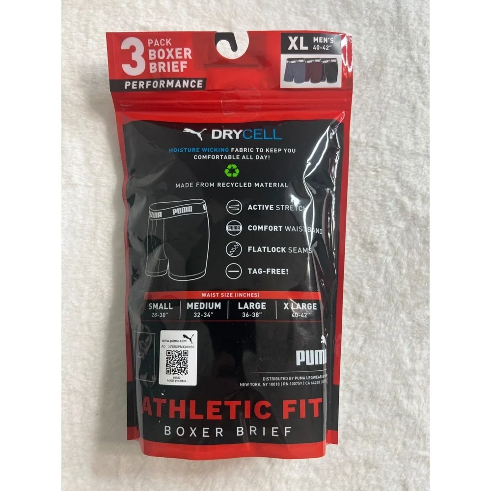 PUMA 3 PACK BOXER BRIEF PERFORMANCE UNDERWEAR Black Gray Burgundy Men's XL